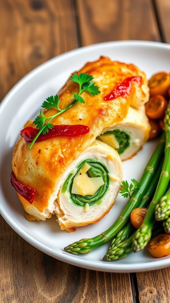 Cheesy asparagus stuffed chicken breast on a white plate, garnished with parsley and served with roasted vegetables.